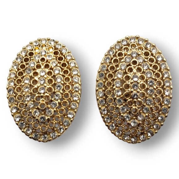 Rhinestone Pave Oval Gold Tone Earrings Clip On Vintage - Picture 1 of 6